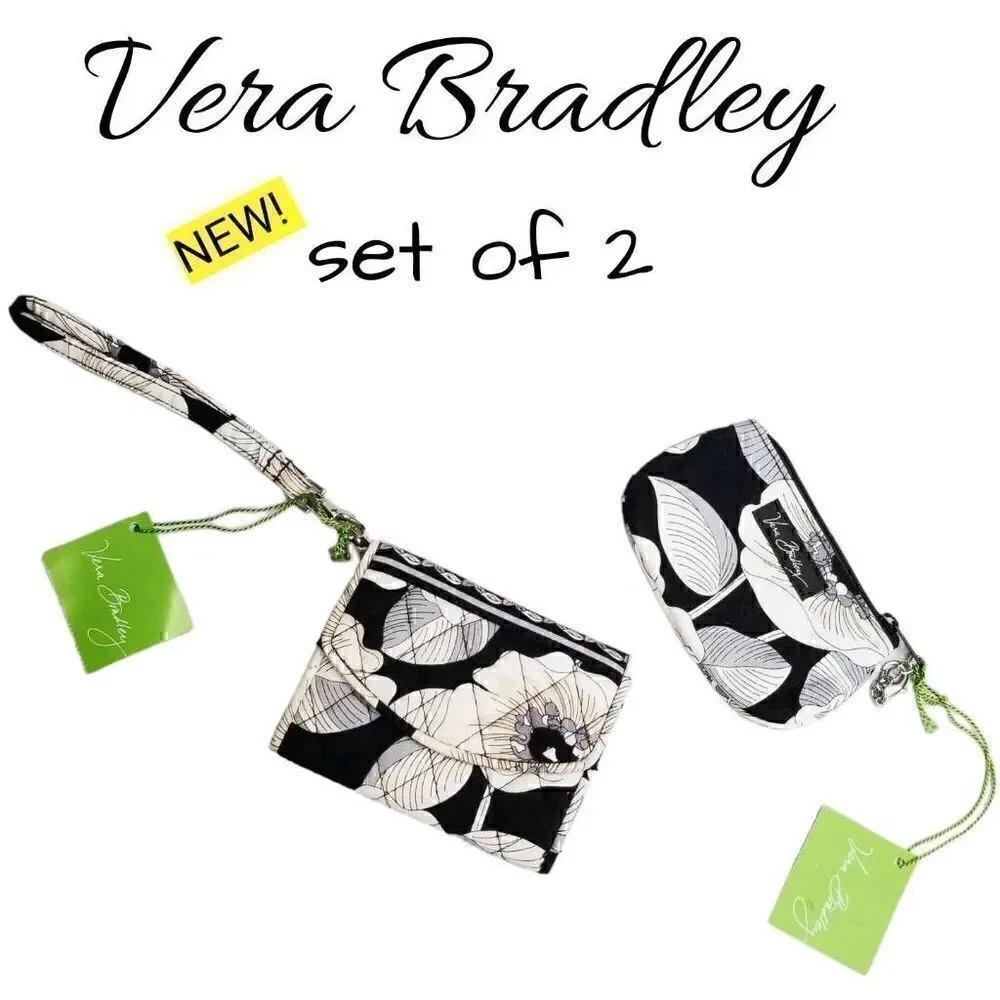 Vera Bradley NEW! Set of Two Black & White Wristlet & Clip Zip ID Holder Bags